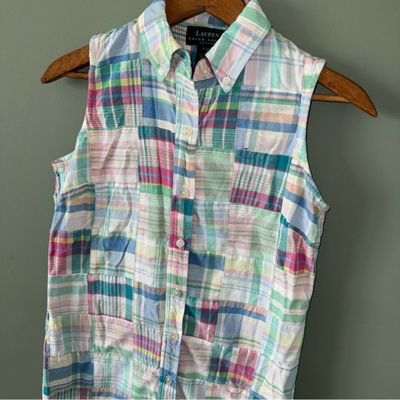 Lauren Ralph Lauren Sleeveless Button Front Shirt Dress Pastel Plaid Petite P - Picture 3 of 9